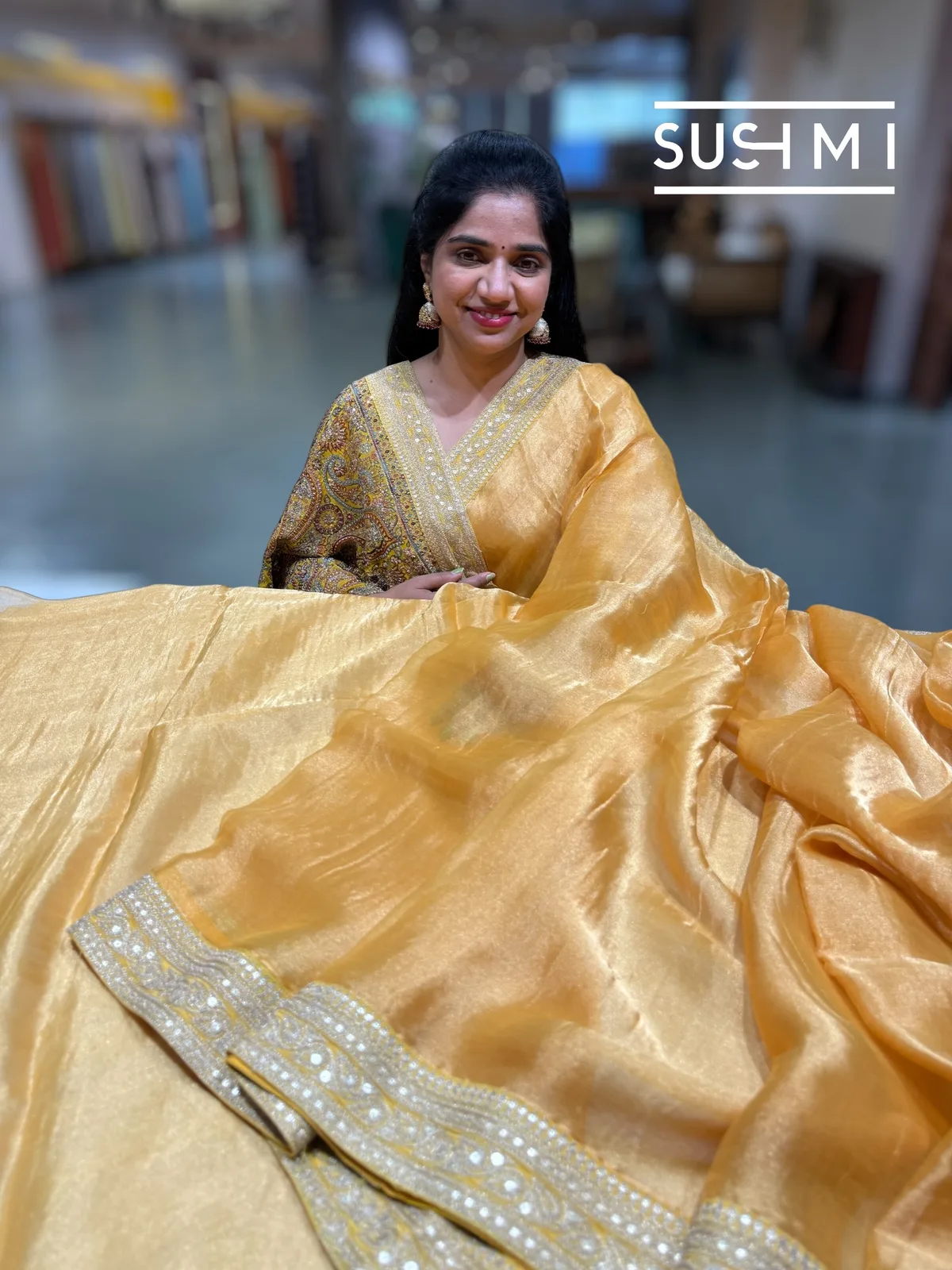 Mustard Tissue Saree with heavy work blouse — Image 4
