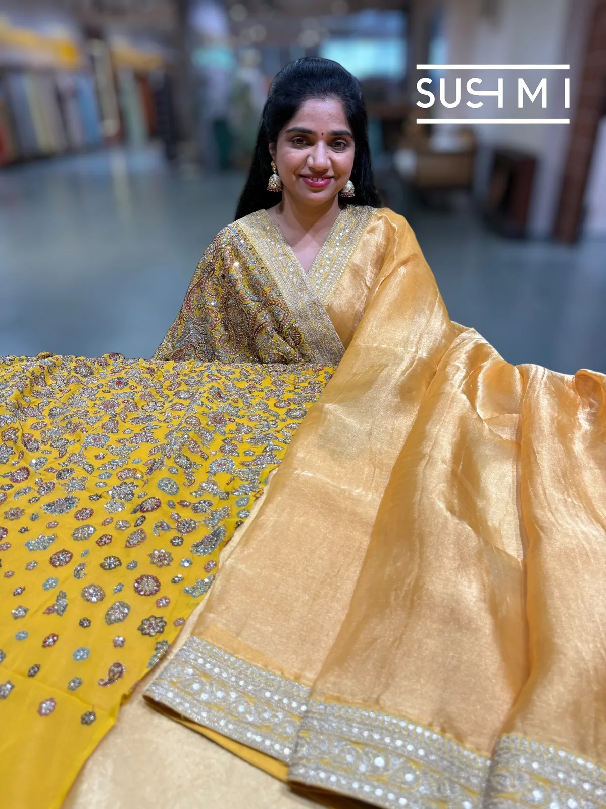 Mustard Tissue Saree with heavy work blouse
