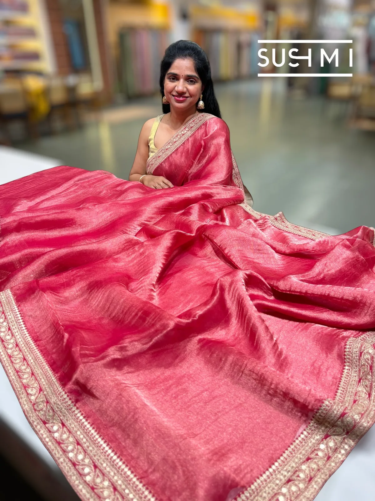 Dark Pink Tissue Saree with Heavy work blouse — Image 2