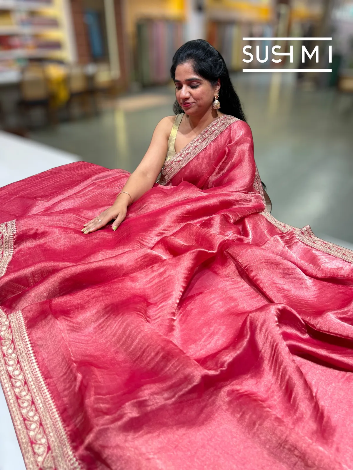 Dark Pink Tissue Saree with Heavy work blouse — Image 3