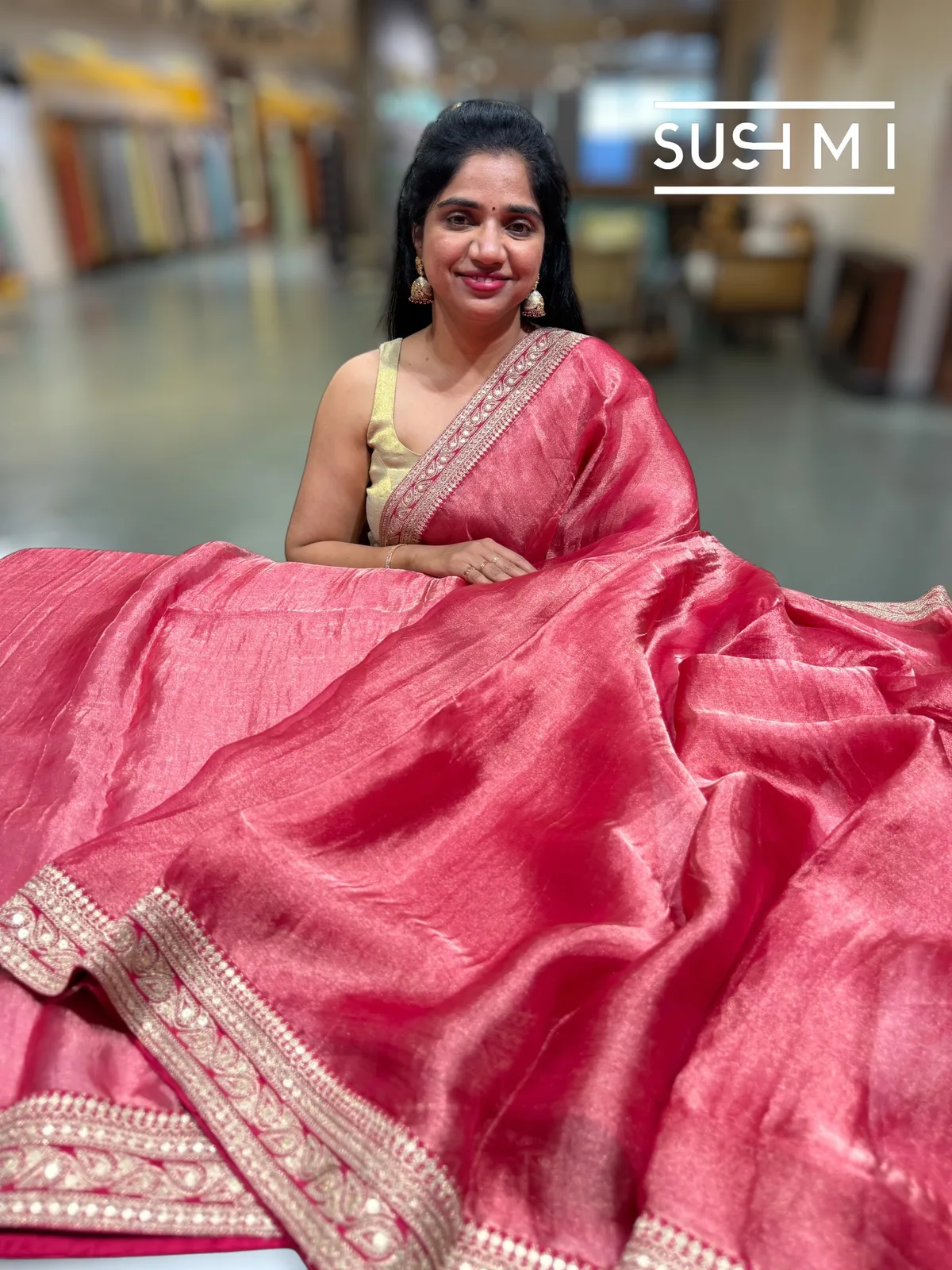 Dark Pink Tissue Saree with Heavy work blouse — Image 4