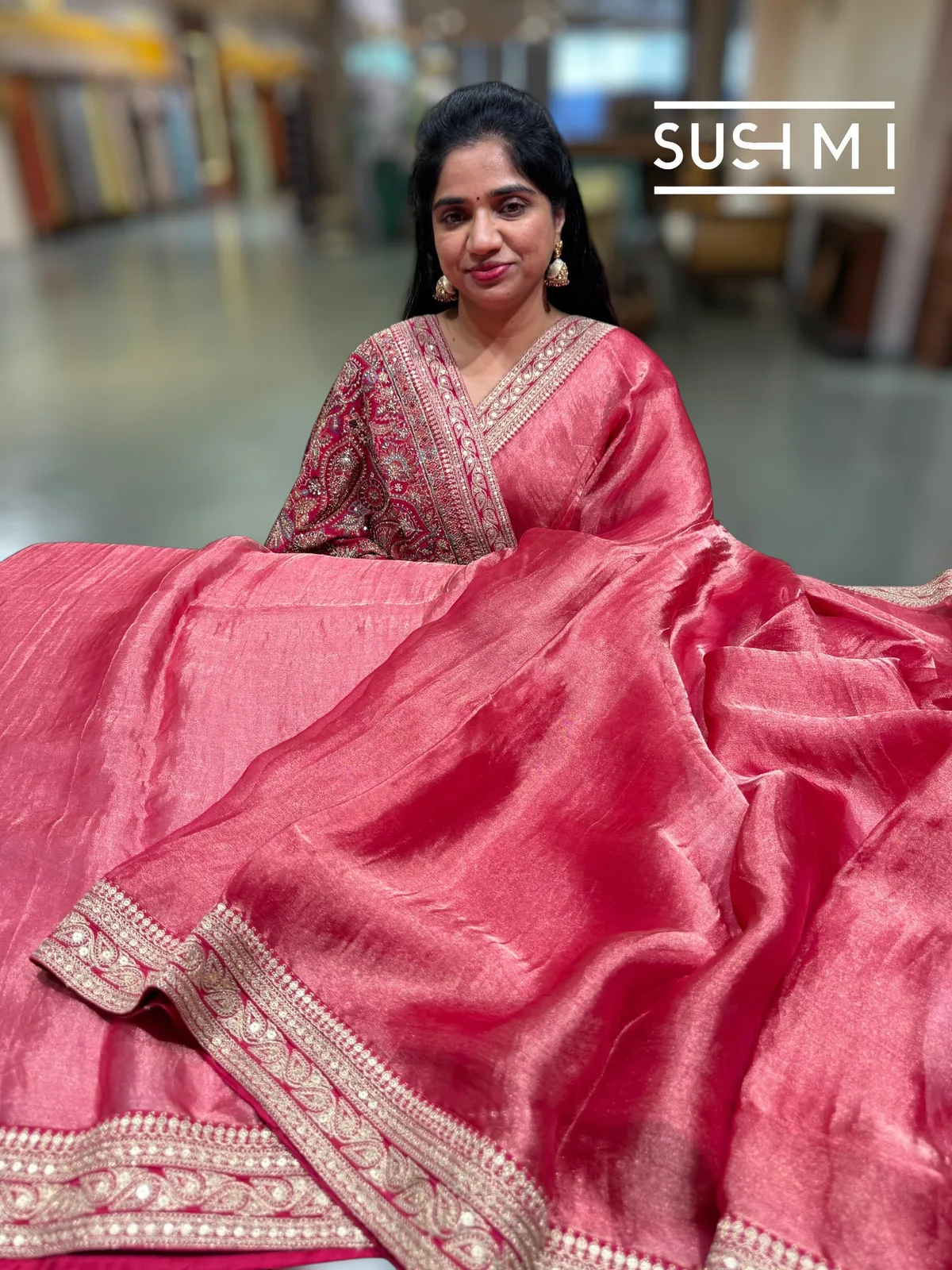 Dark Pink Tissue Saree with Heavy work blouse — Image 5