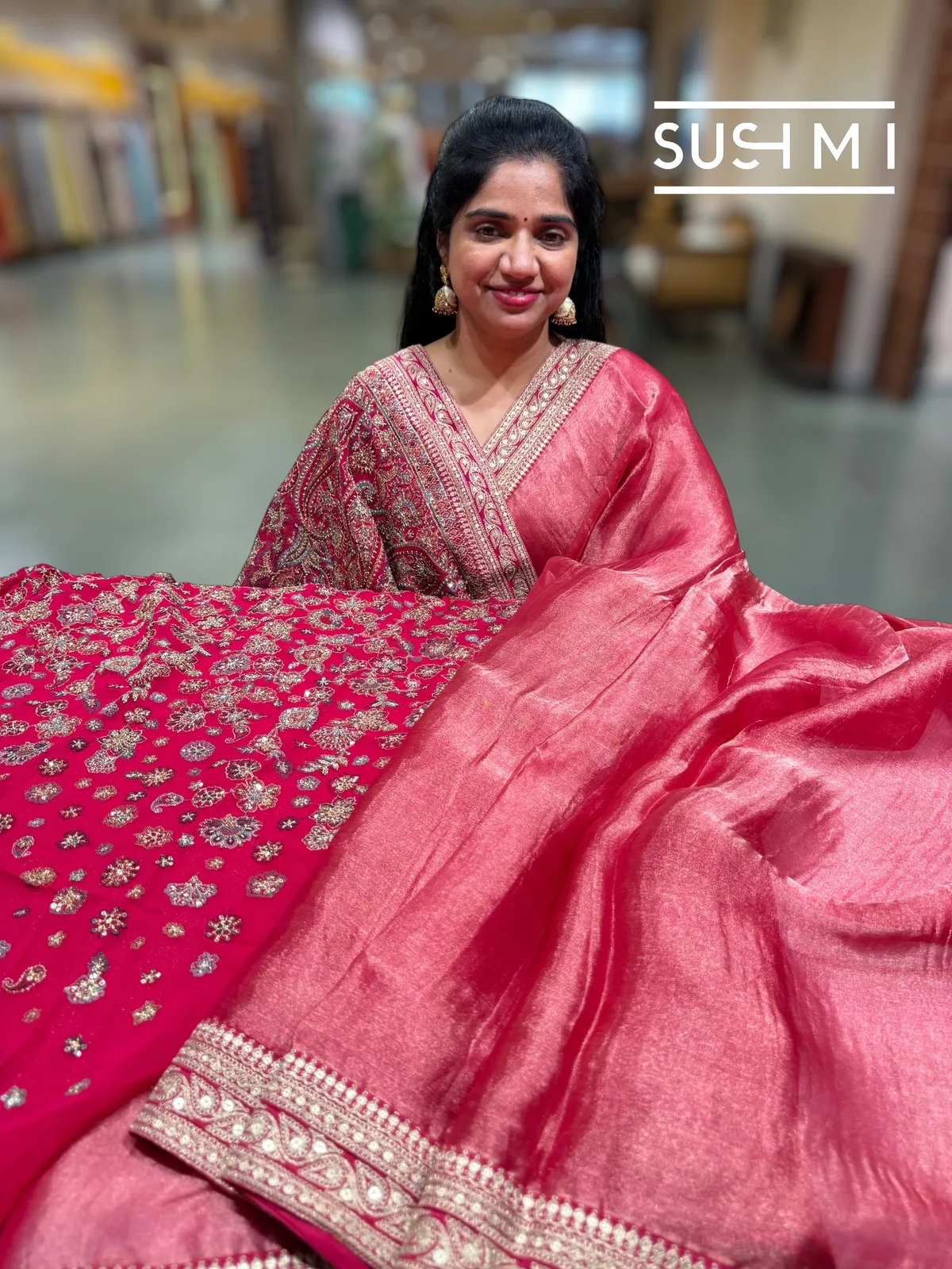 Dark Pink Tissue Saree with Heavy work blouse