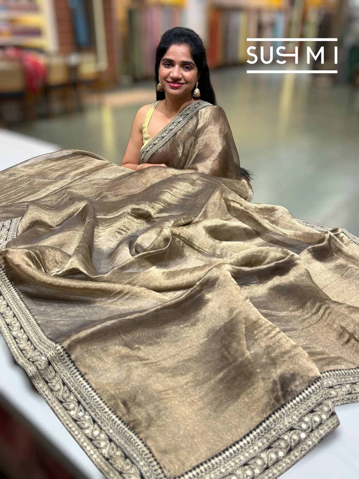 Antique Black Tissue Saree with heavy work blouse — Image 2