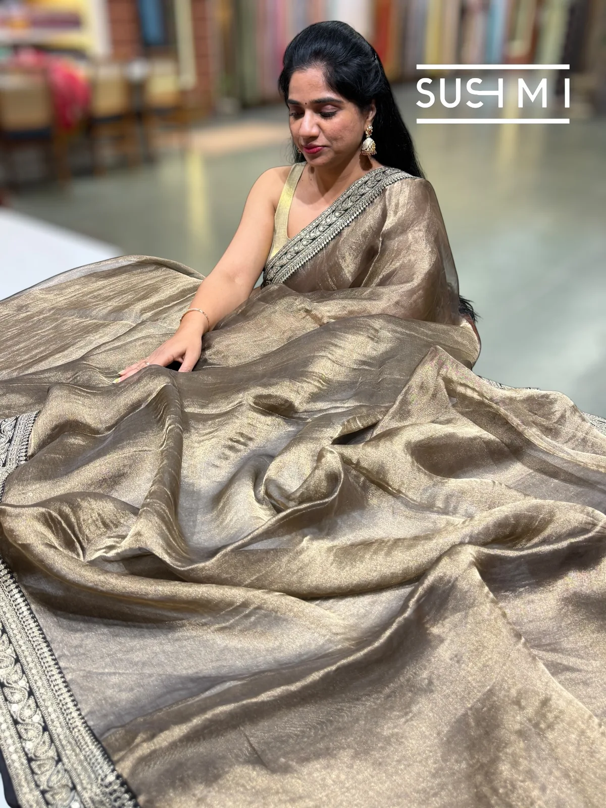 Antique Black Tissue Saree with heavy work blouse — Image 4