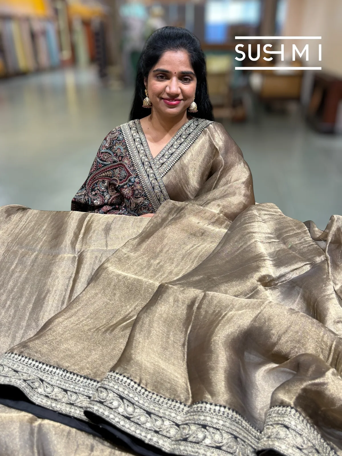 Antique Black Tissue Saree with heavy work blouse — Image 3