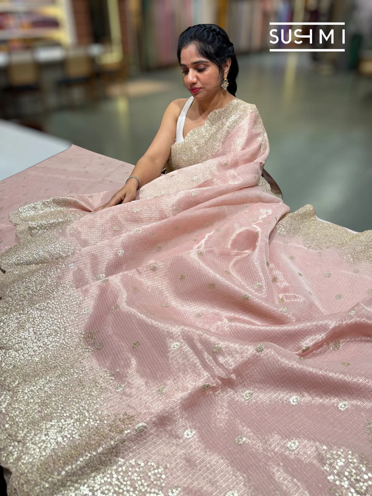Pastel Pink Tissue Kota with heavy sequence embroidered cutwork border — Image 2