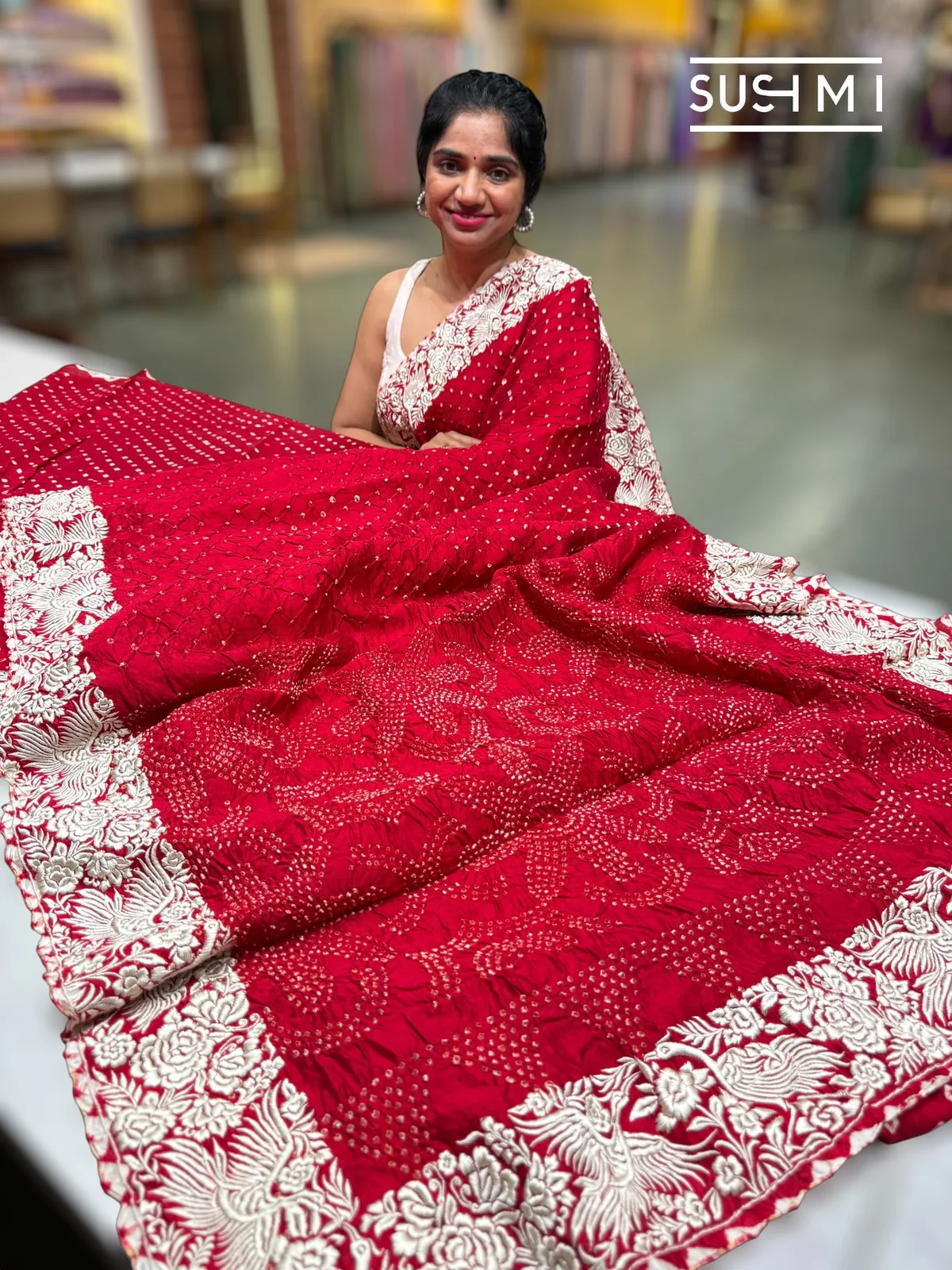 Dark Red Banarasi Bandhej Saree with Parsi gara embroidery