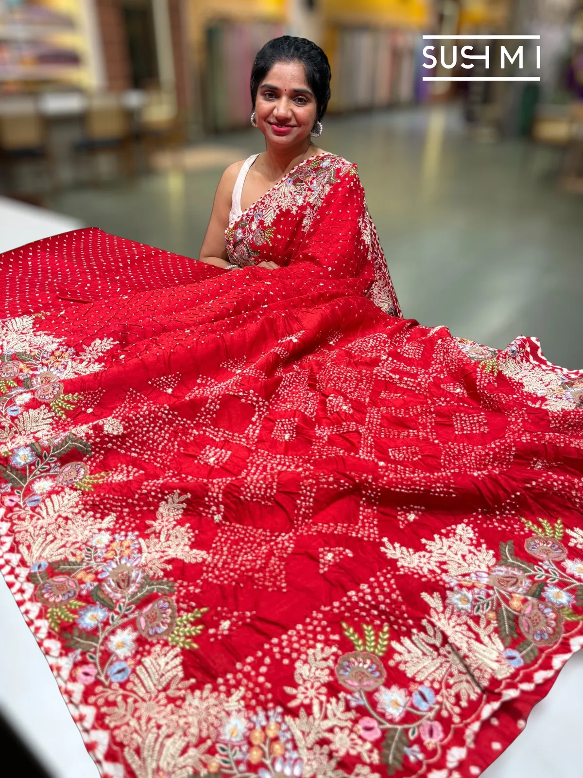 Chilli Red Banarasi Bandhej Saree with heavy embroidered border