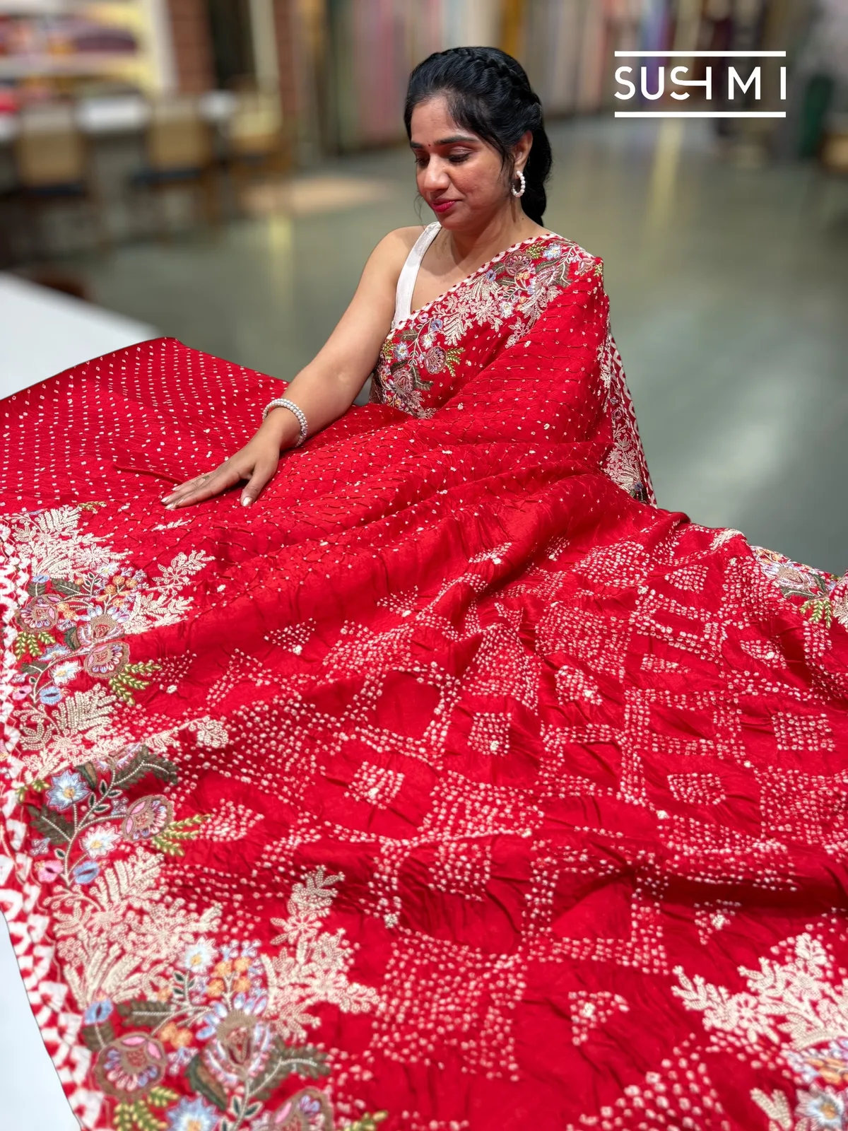 Chilli Red Banarasi Bandhej Saree with heavy embroidered border  — Image 3