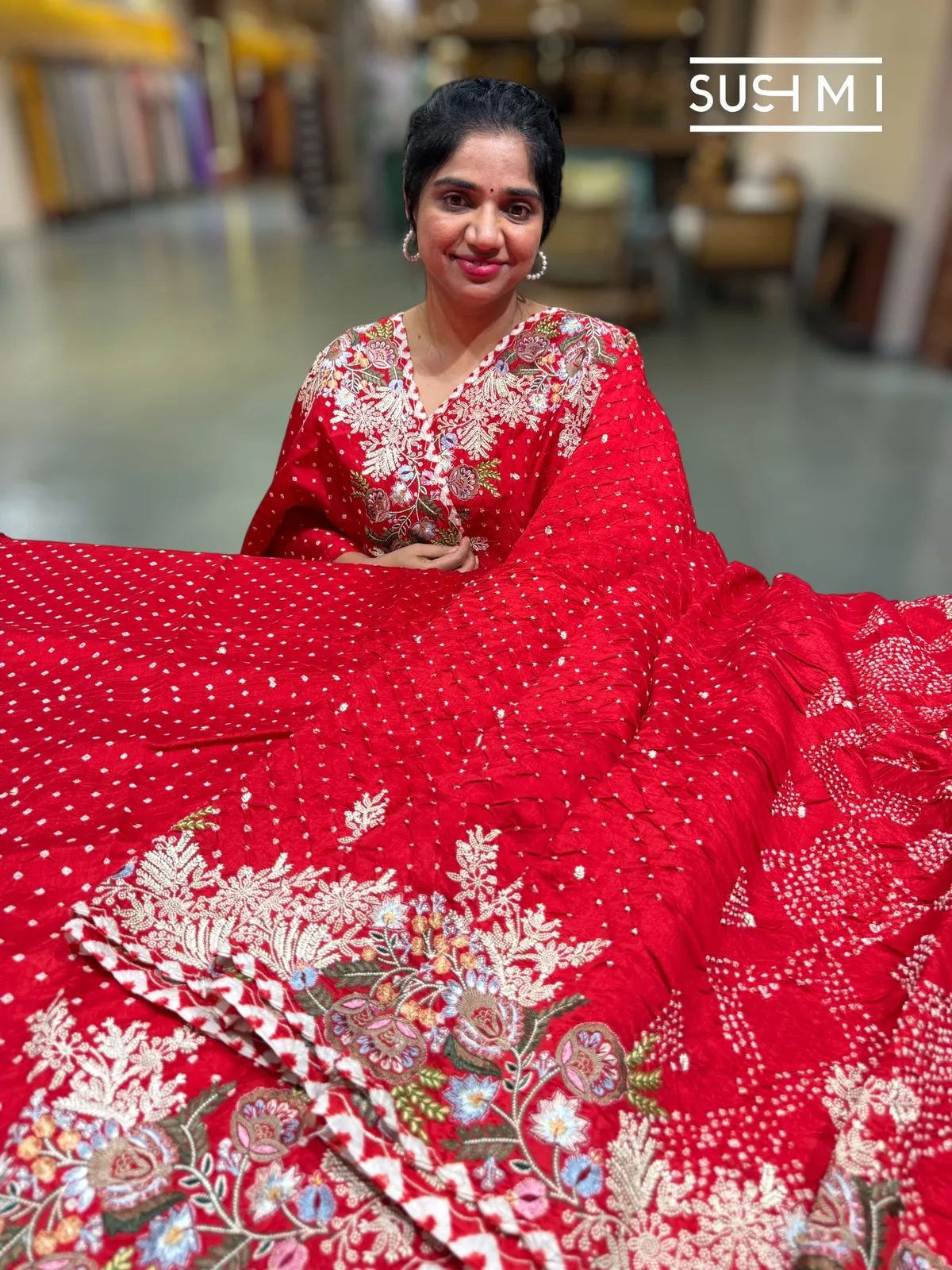 Chilli Red Banarasi Bandhej Saree with heavy embroidered border  — Image 5