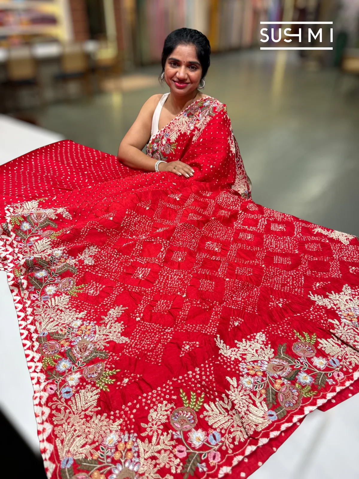 Chilli Red Banarasi Bandhej Saree with heavy embroidered border  — Image 2