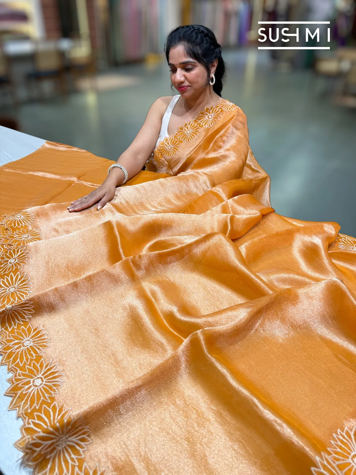Light Orange Banarasi handloom Tissue with sunflower embroidered cutwork border  — Image 2