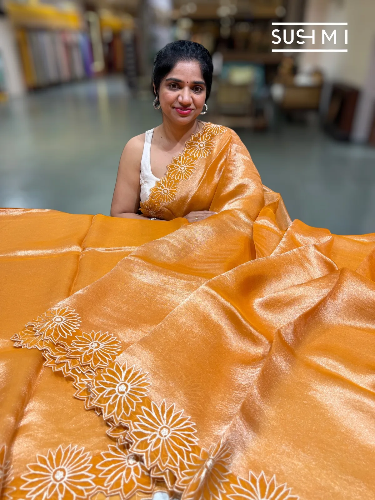 Light Orange Banarasi handloom Tissue with sunflower embroidered cutwork border  — Image 3
