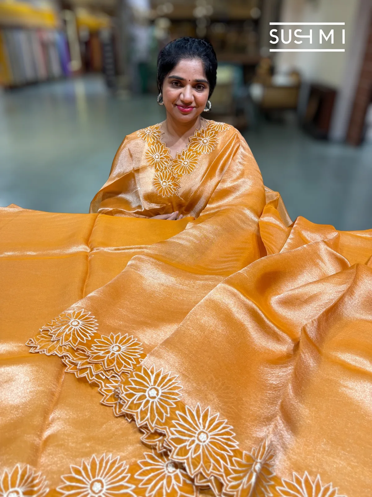Light Orange Banarasi handloom Tissue with sunflower embroidered cutwork border  — Image 4