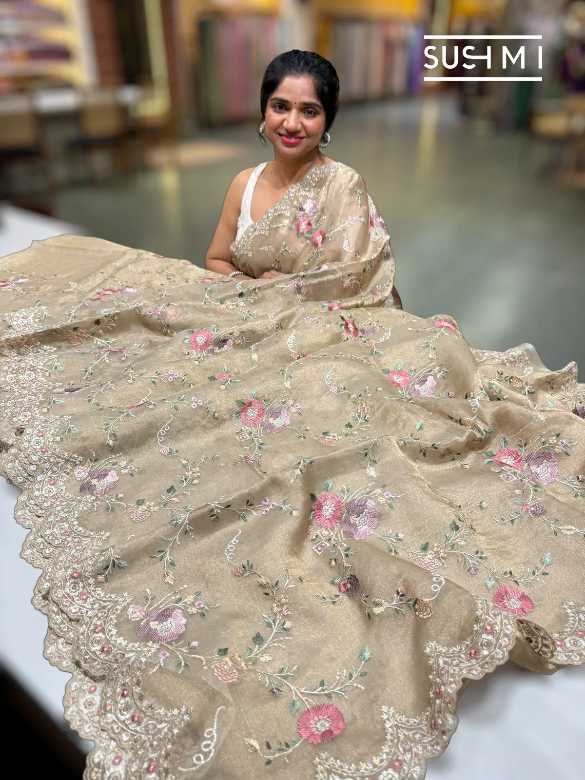 Light antique Gold banarasi tissue with allover embroidery