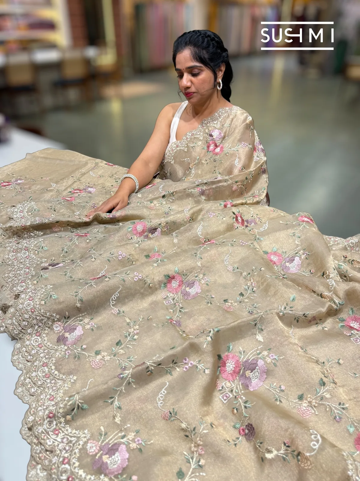 Light antique Gold banarasi tissue with allover embroidery — Image 2