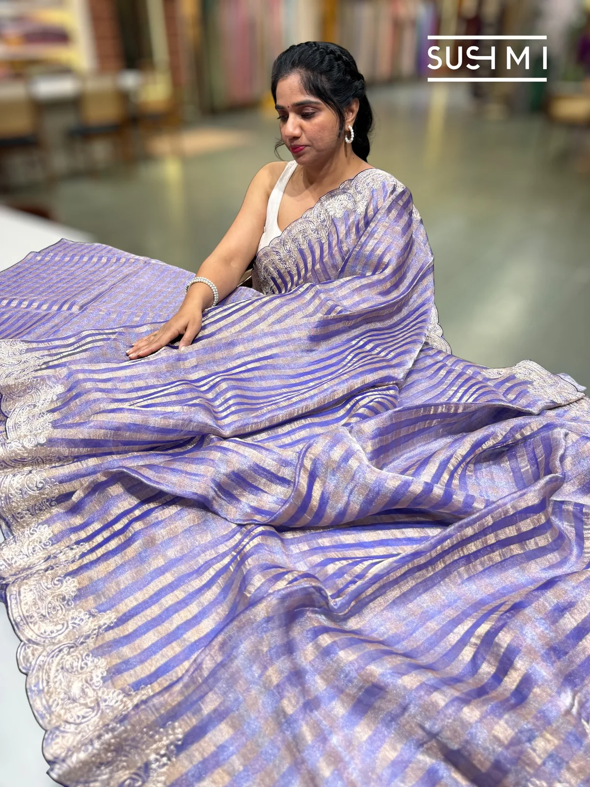 Tissue stripes saree with heavy embroidered border and fusion blouse — Image 2