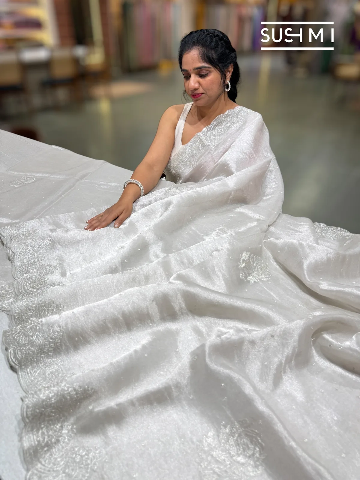 Silver tissue Saree with pita embroidered border and fusion blouse — Image 3