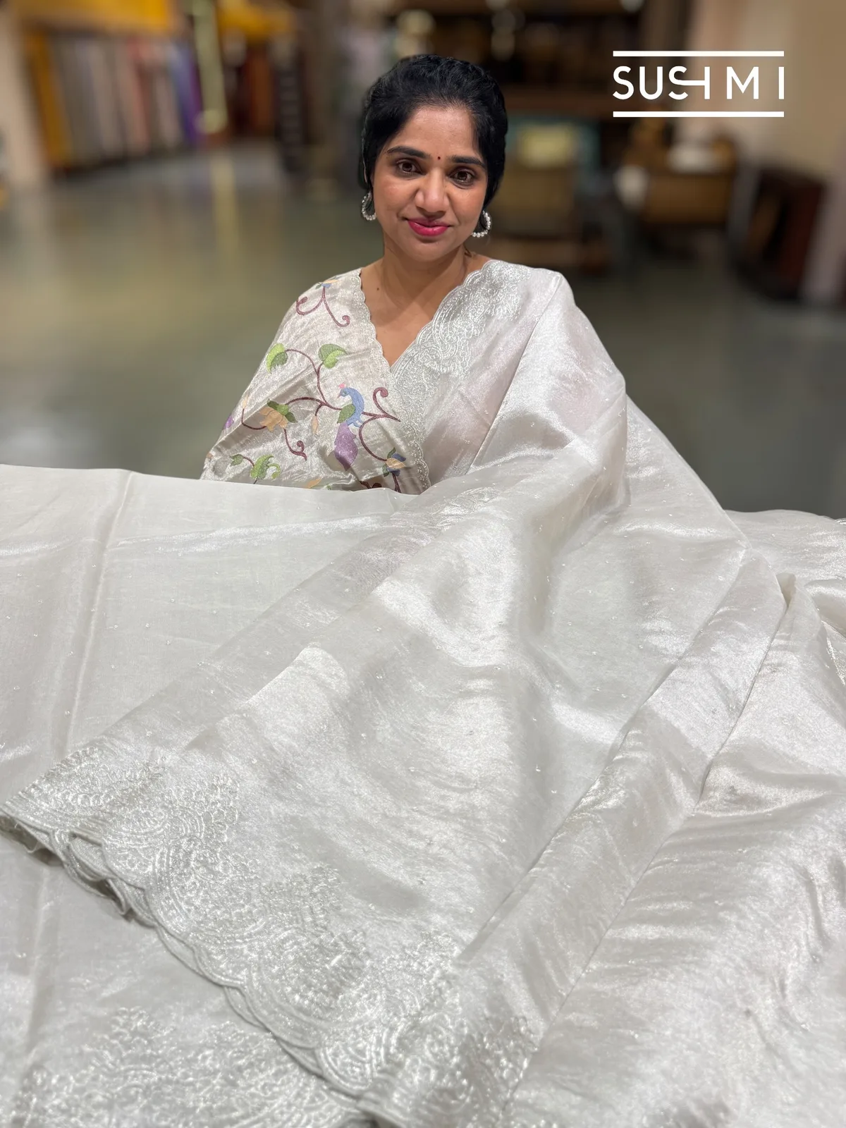 Silver tissue Saree with pita embroidered border and fusion blouse — Image 5