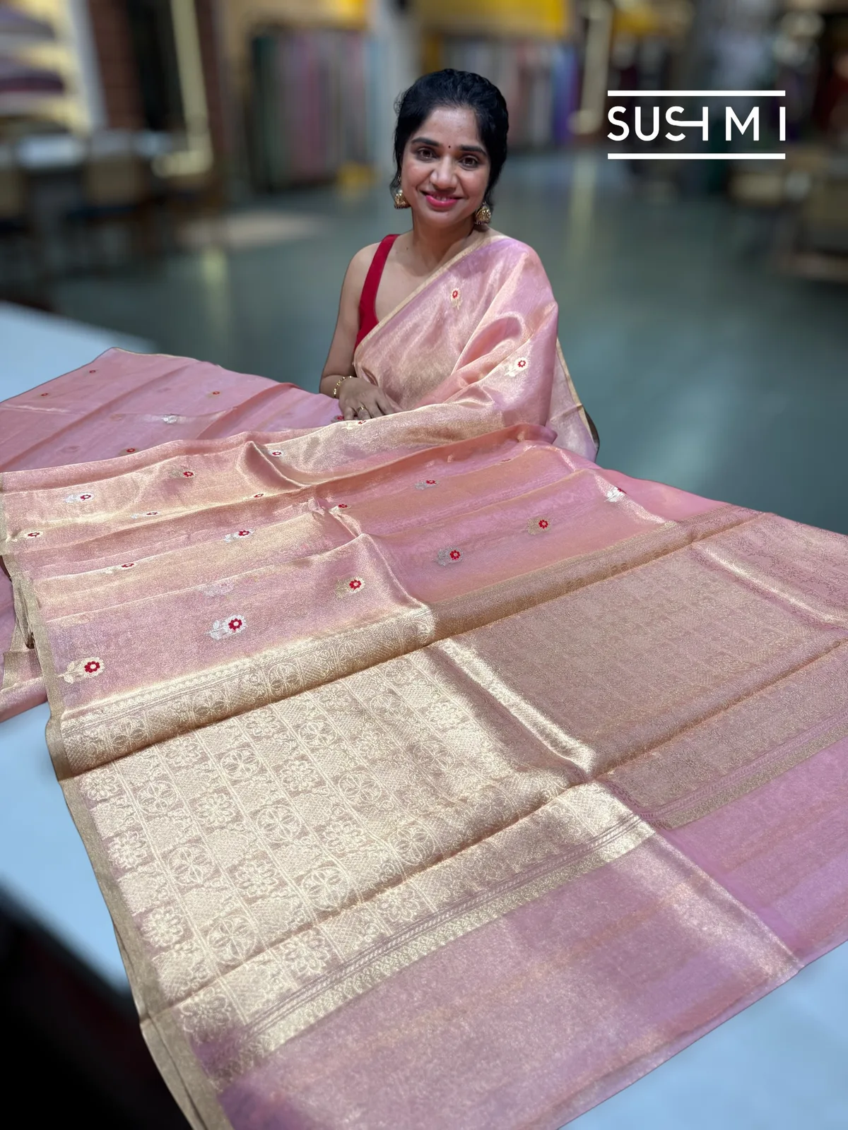 Pastel pink banarasi tissue with fusion blouse  — Image 2