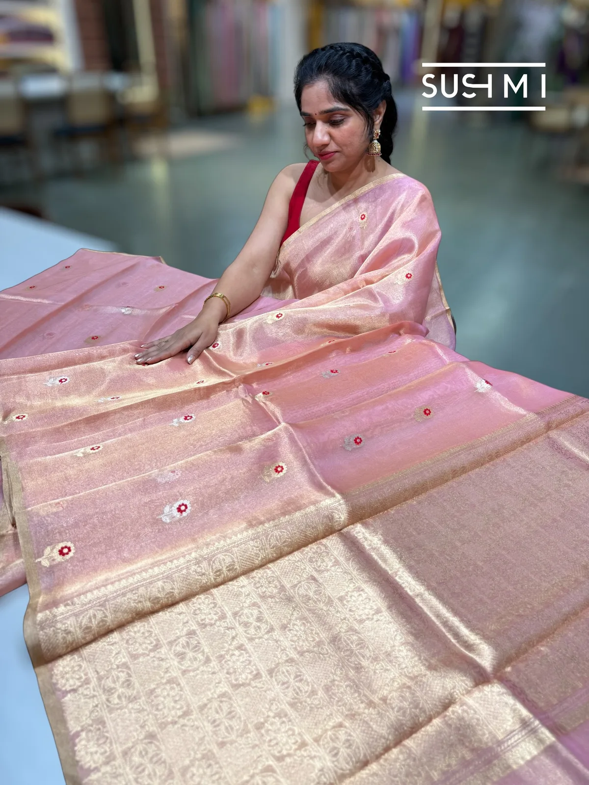 Pastel pink banarasi tissue with fusion blouse  — Image 3