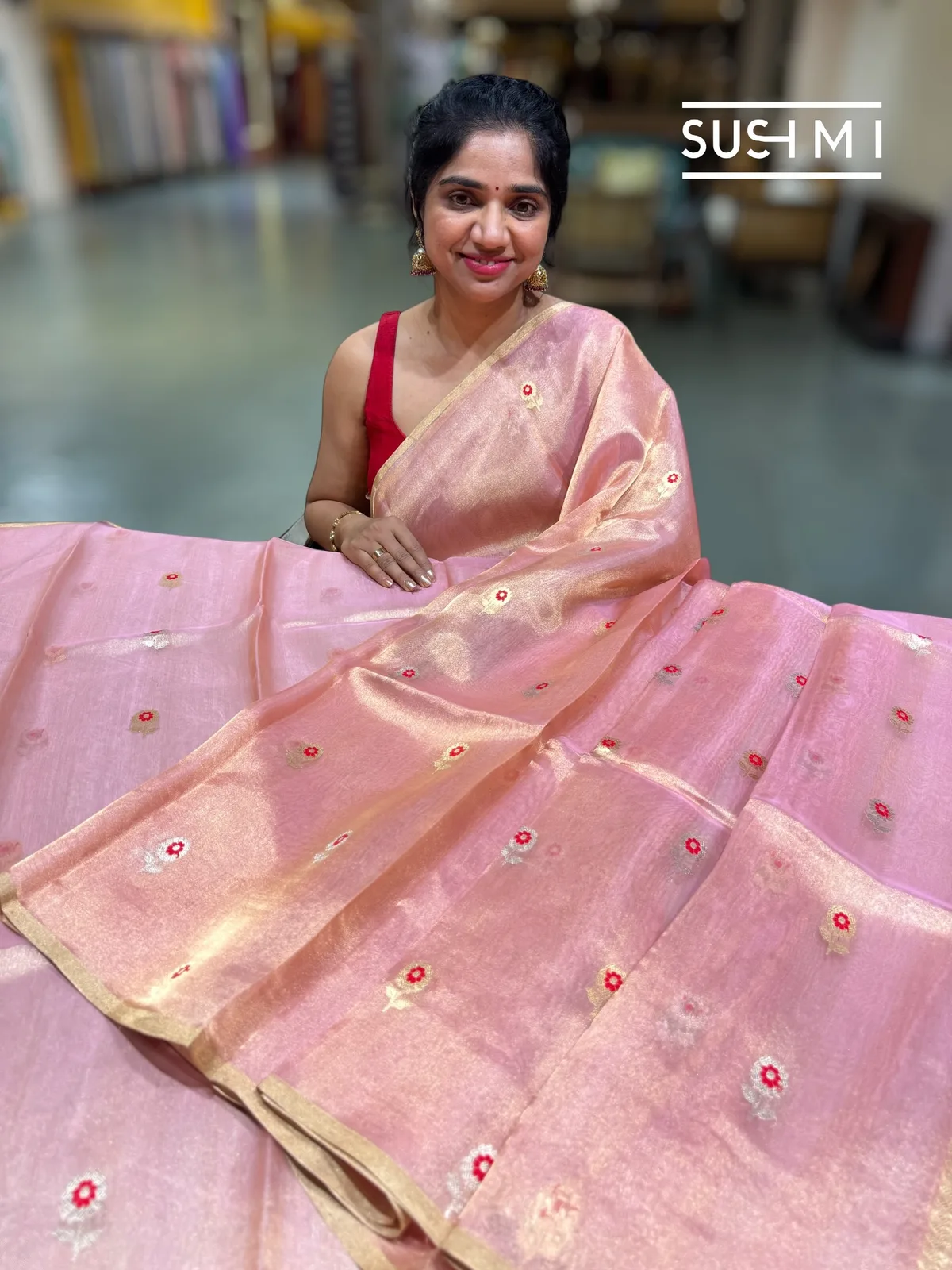 Pastel pink banarasi tissue with fusion blouse  — Image 4