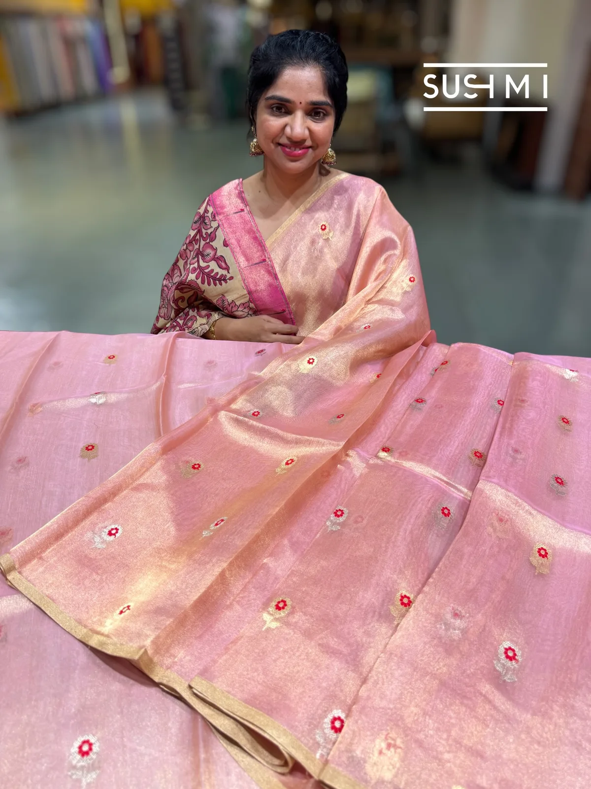 Pastel pink banarasi tissue with fusion blouse 