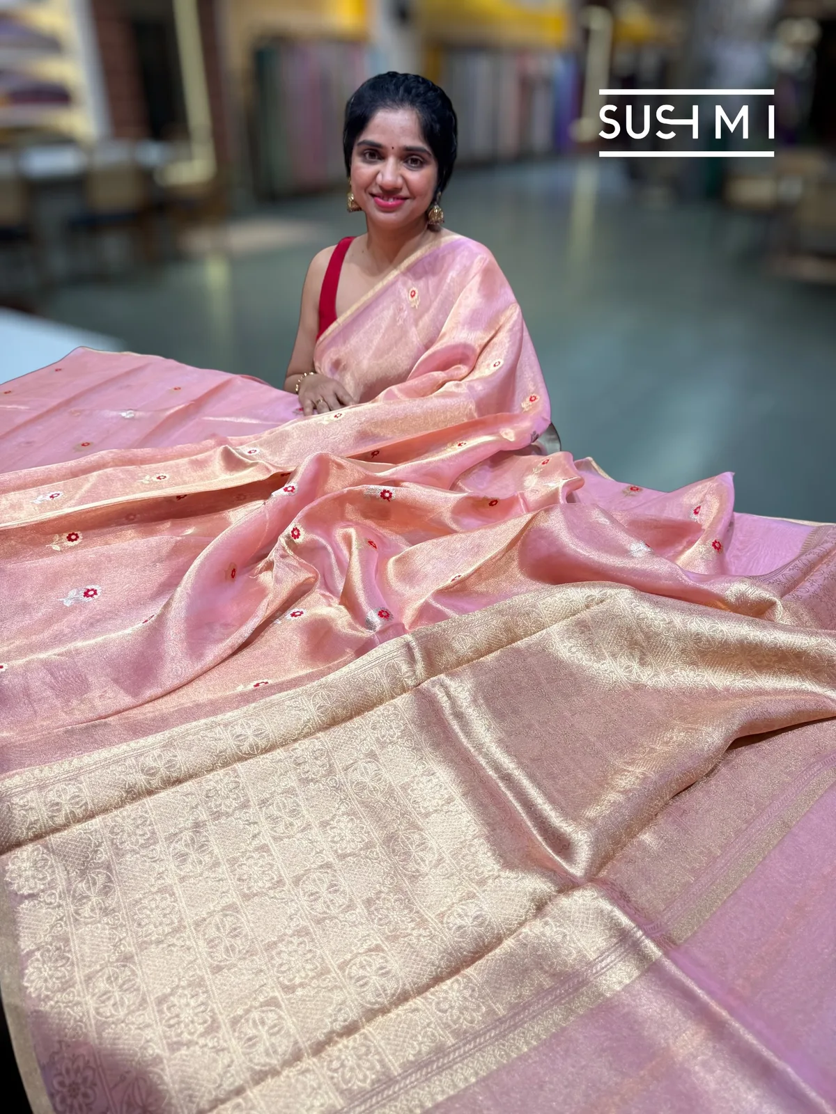 Pastel pink banarasi tissue with fusion blouse  — Image 5