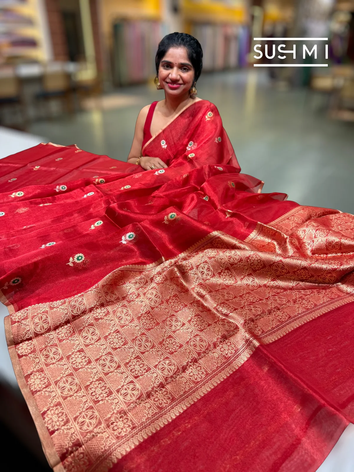 Red banarasi tissue with fusion blouse  — Image 2