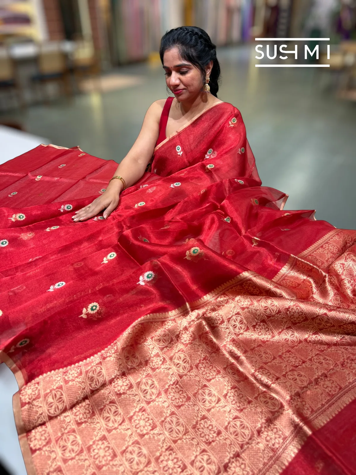 Red banarasi tissue with fusion blouse  — Image 3