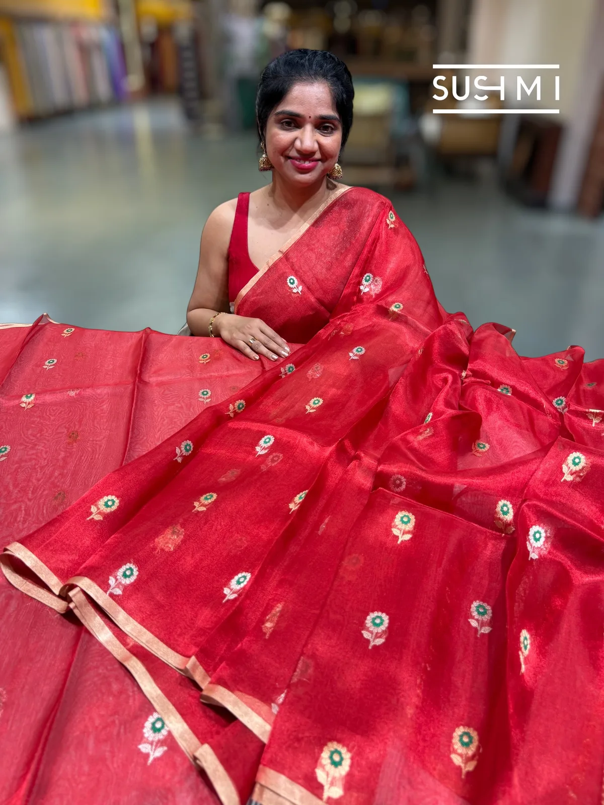 Red banarasi tissue with fusion blouse  — Image 4
