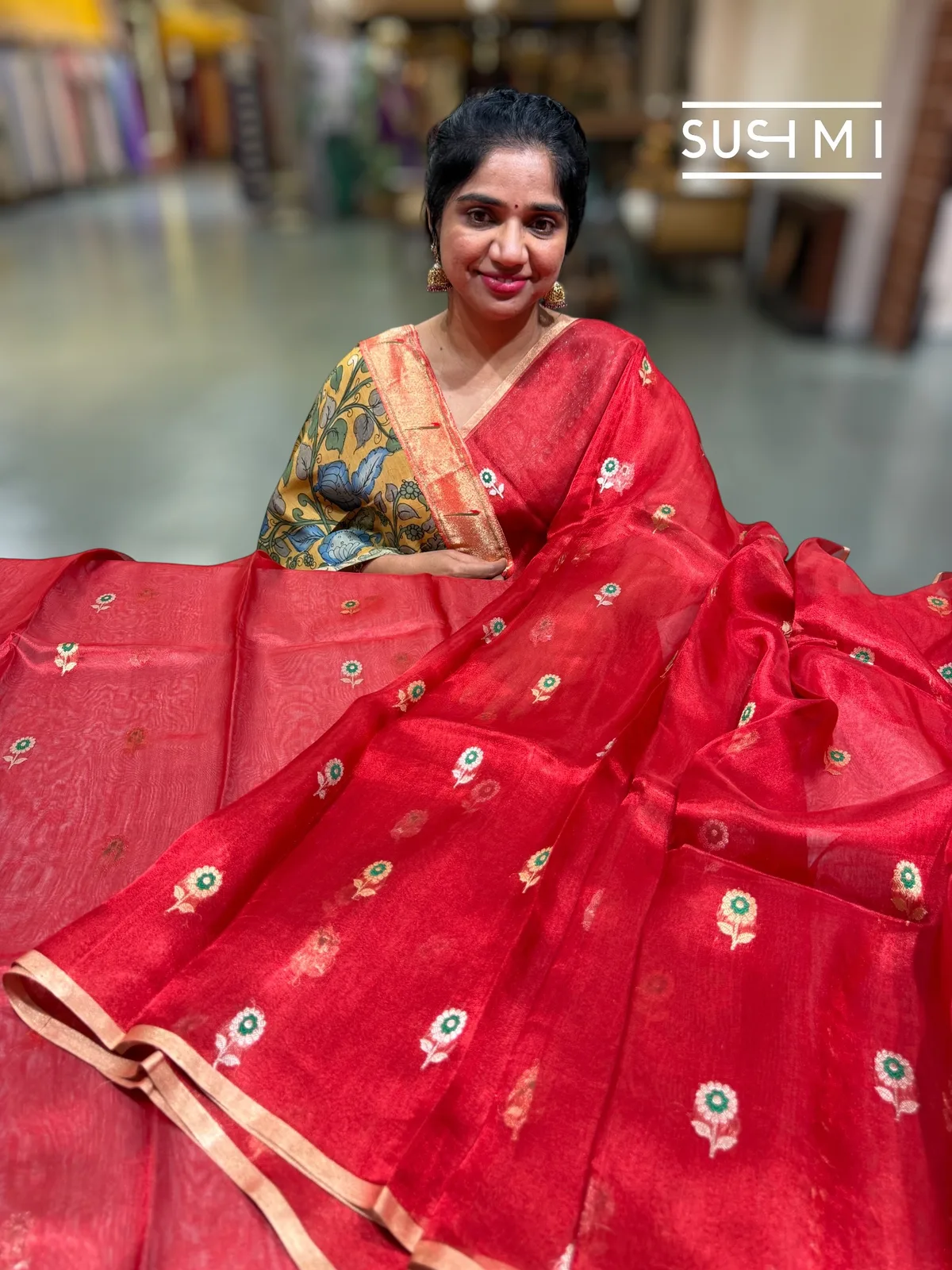 Red banarasi tissue with fusion blouse  — Image 5