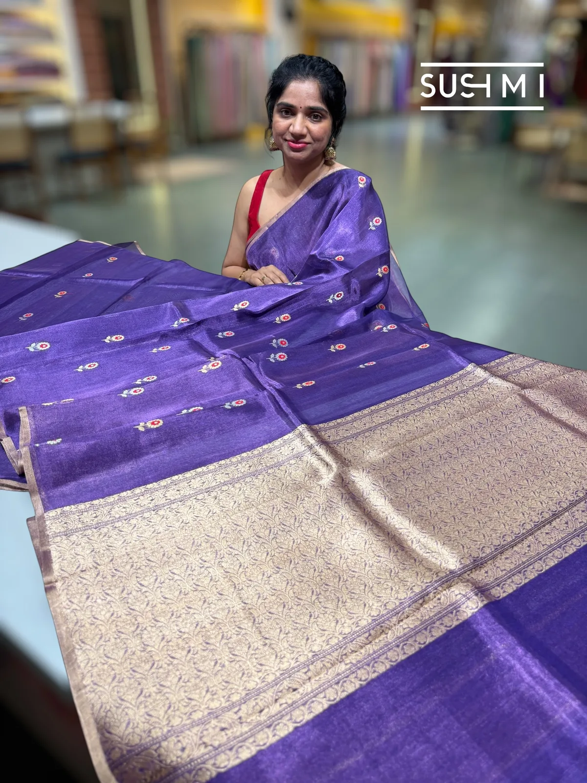 Purple banarasi tissue with fusion blouse  — Image 3