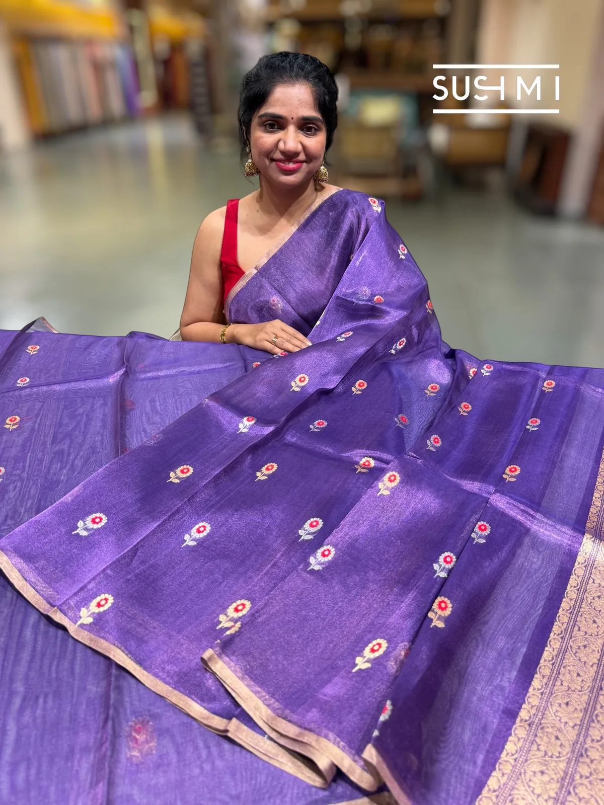 Purple banarasi tissue with fusion blouse  — Image 4