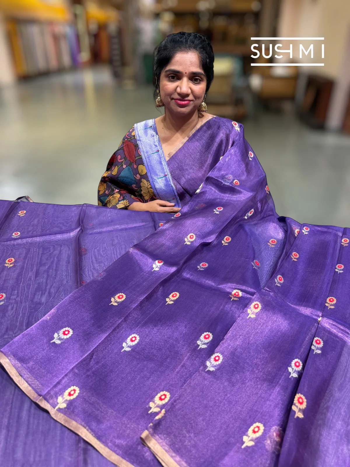 Purple banarasi tissue with fusion blouse  — Image 5