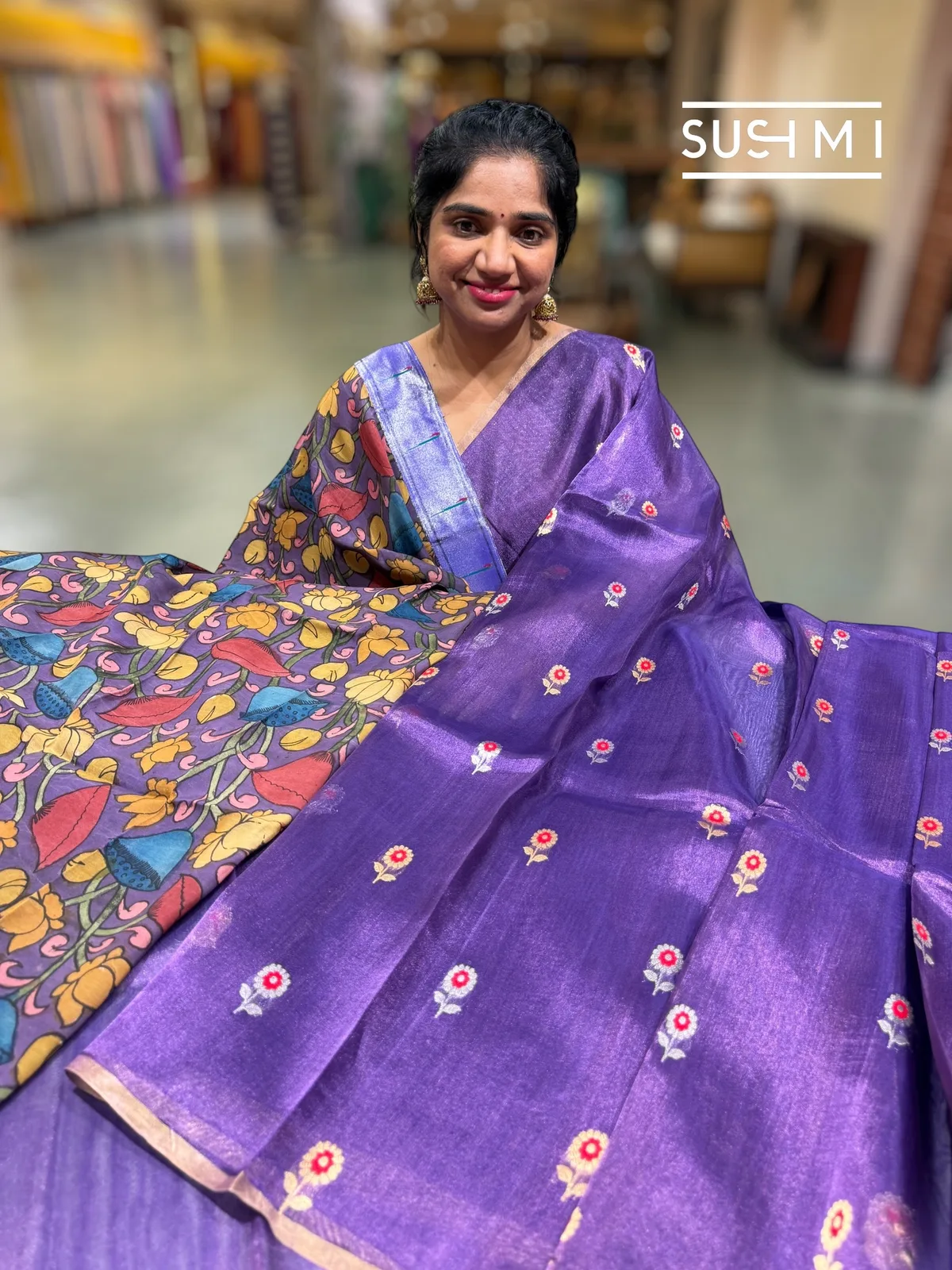 Purple banarasi tissue with fusion blouse 