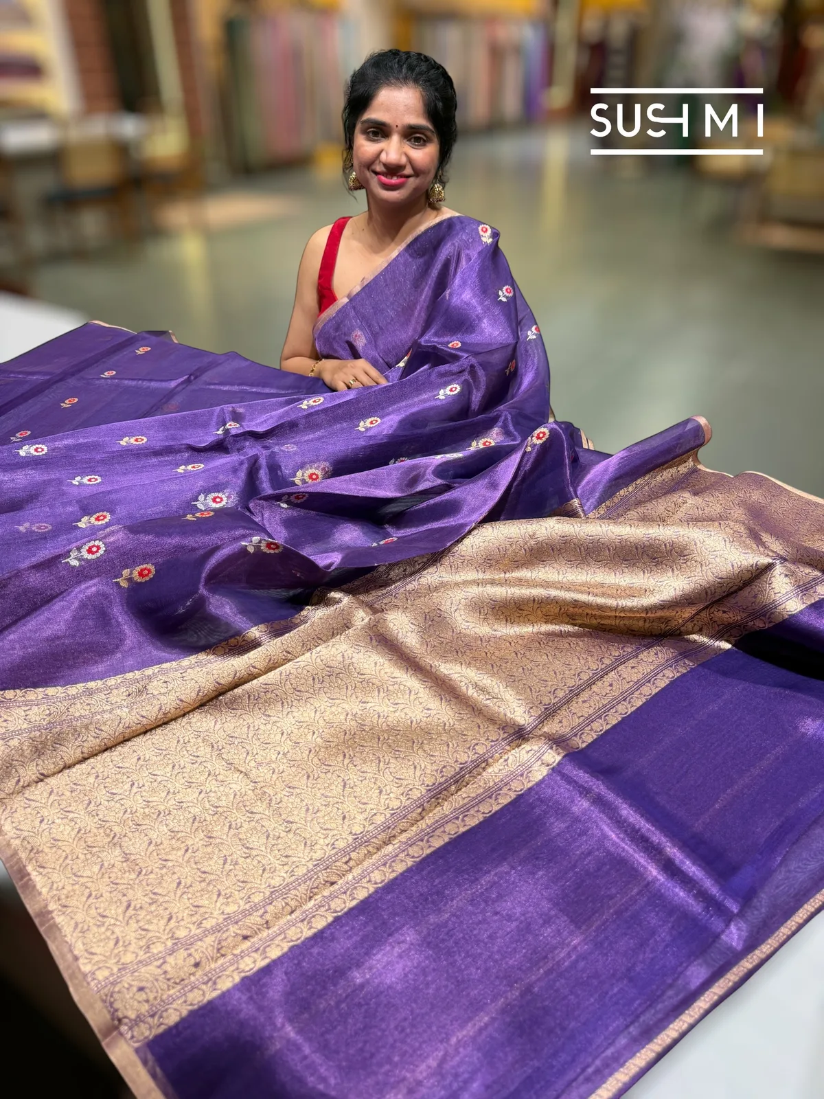 Purple banarasi tissue with fusion blouse  — Image 2