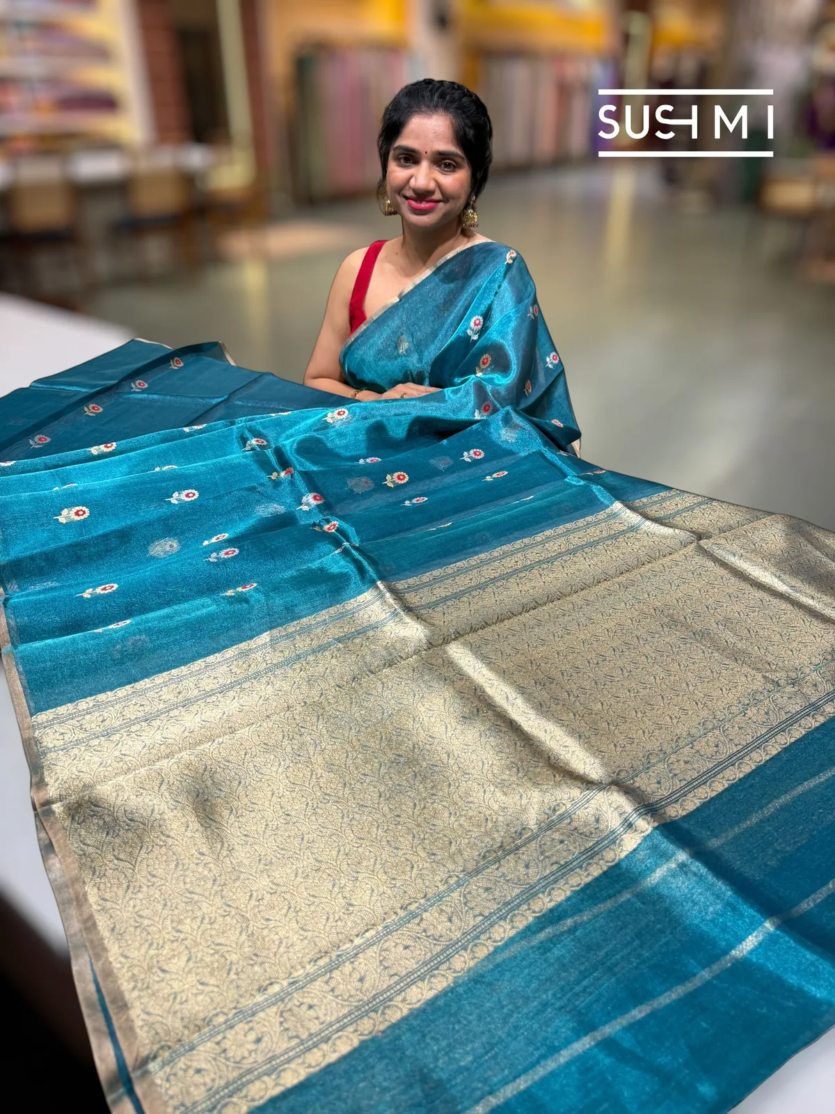 Peacock Blue banarasi tissue with fusion blouse  — Image 2
