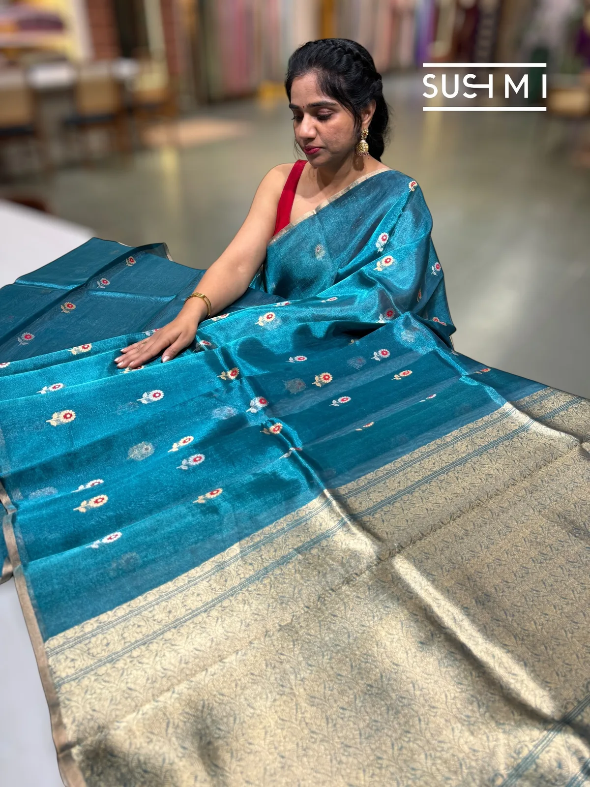 Peacock Blue banarasi tissue with fusion blouse  — Image 3