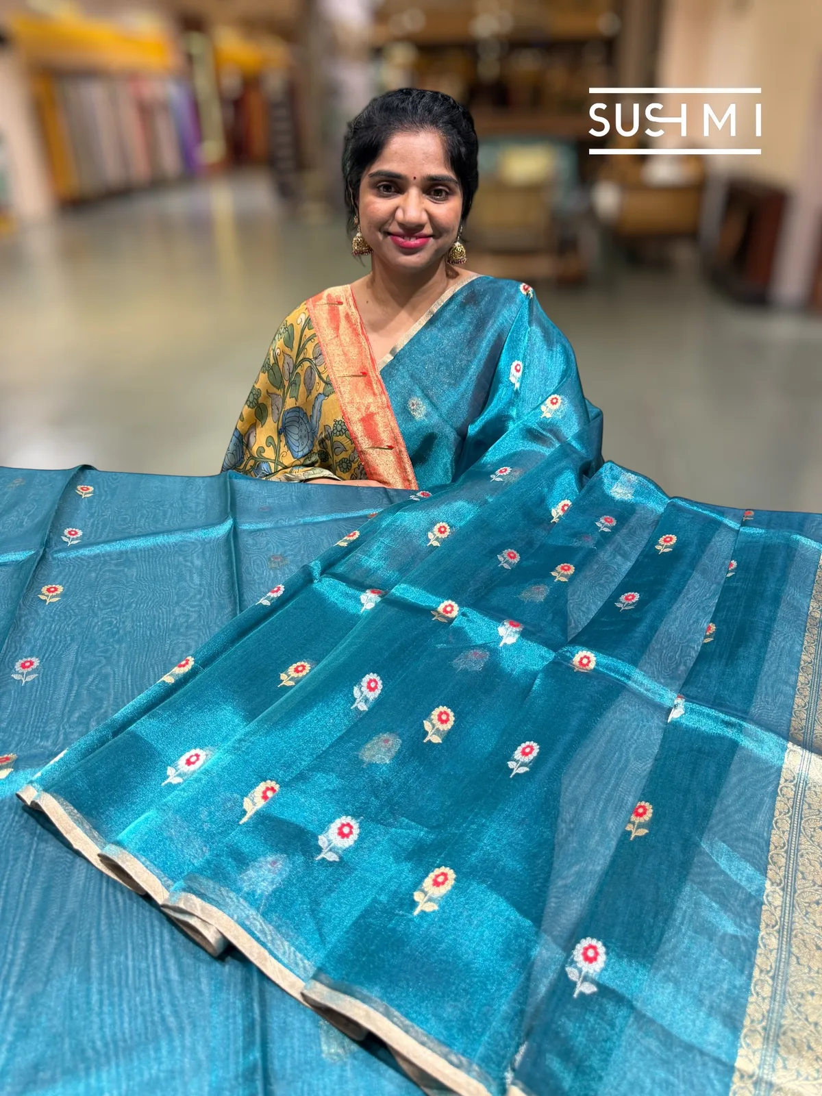 Peacock Blue banarasi tissue with fusion blouse  — Image 6
