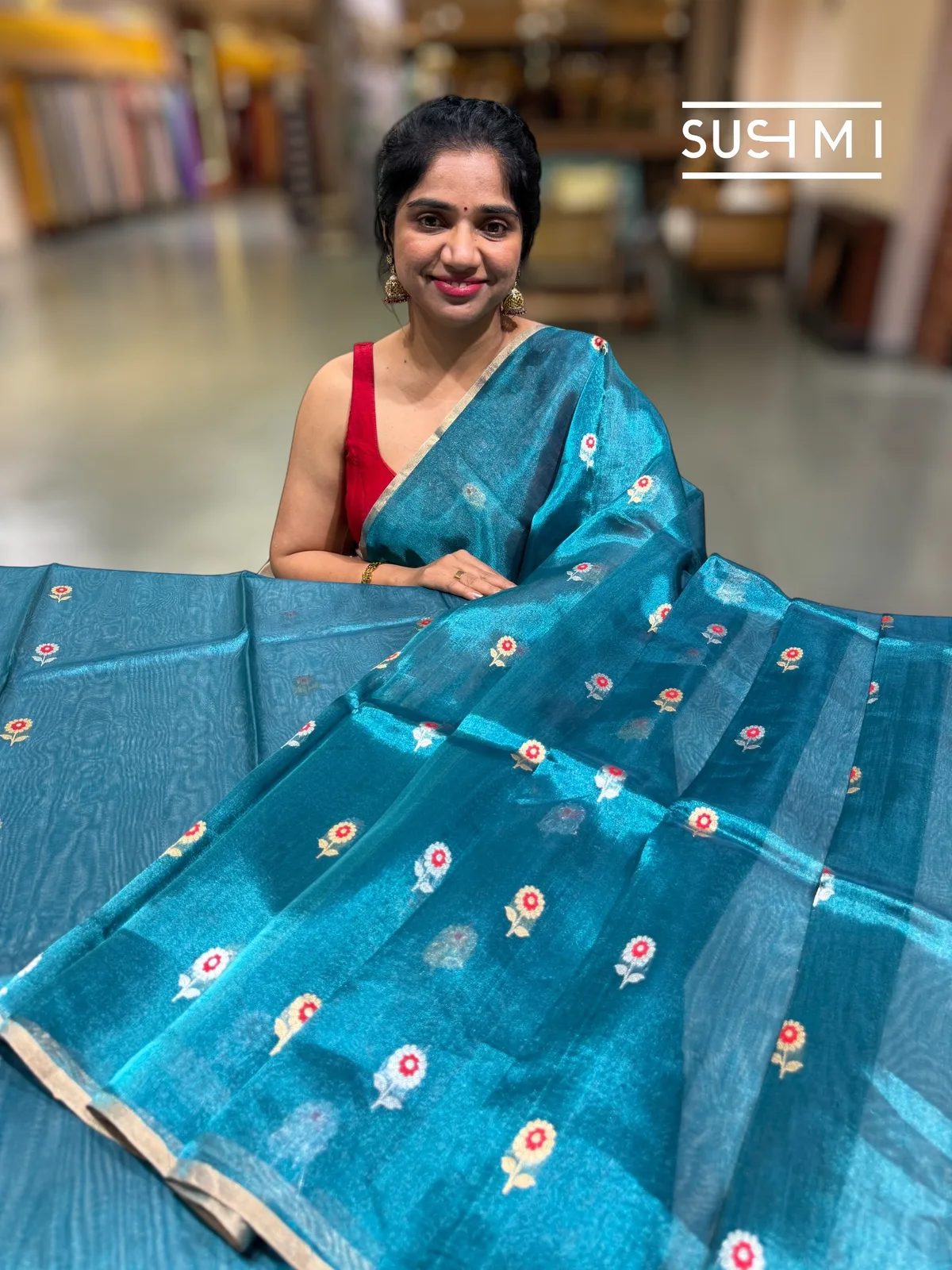 Peacock Blue banarasi tissue with fusion blouse  — Image 4