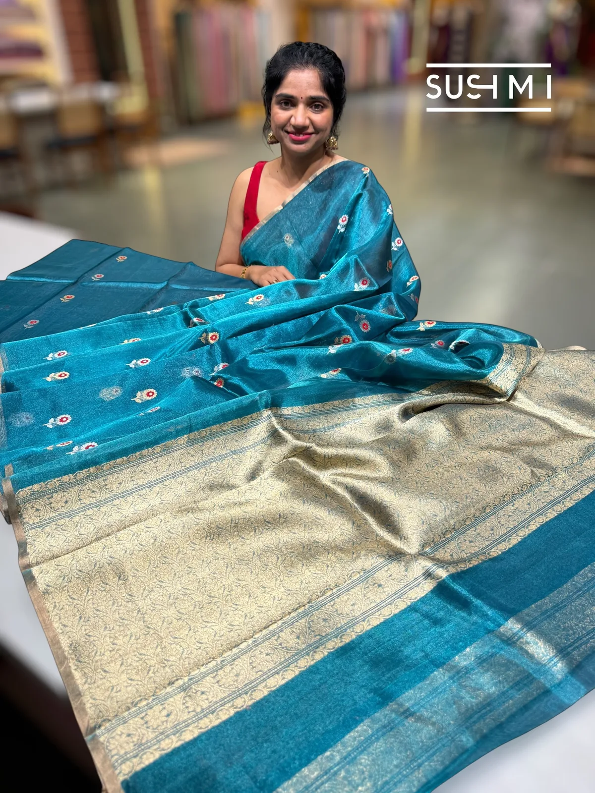 Peacock Blue banarasi tissue with fusion blouse  — Image 5