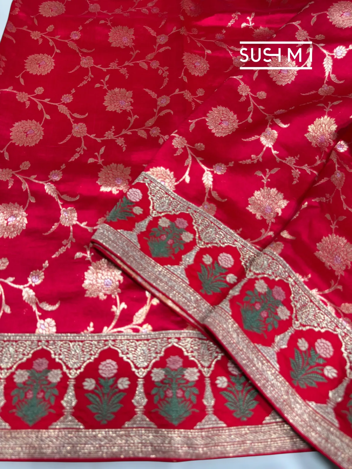 Red Banarasi Silk Saree with sabyasachi borders — Image 7