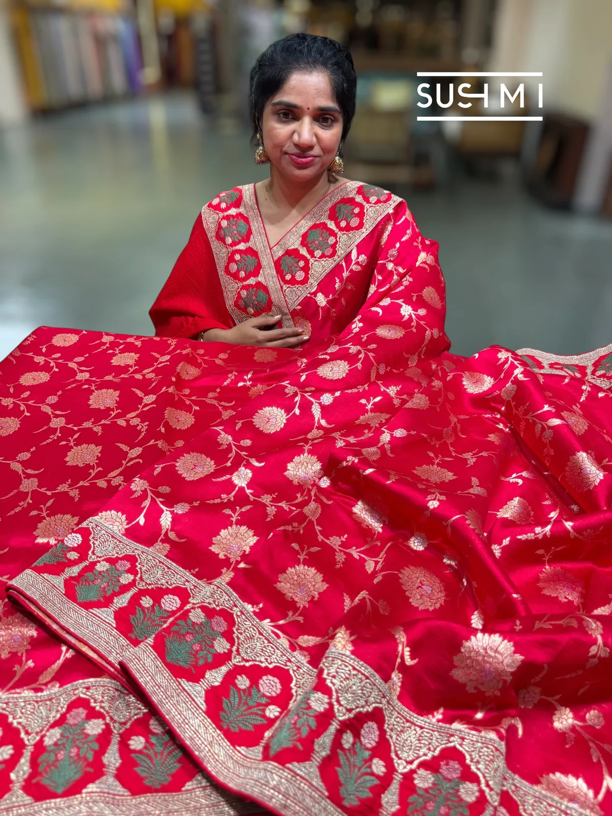 Red Banarasi Silk Saree with sabyasachi borders — Image 5