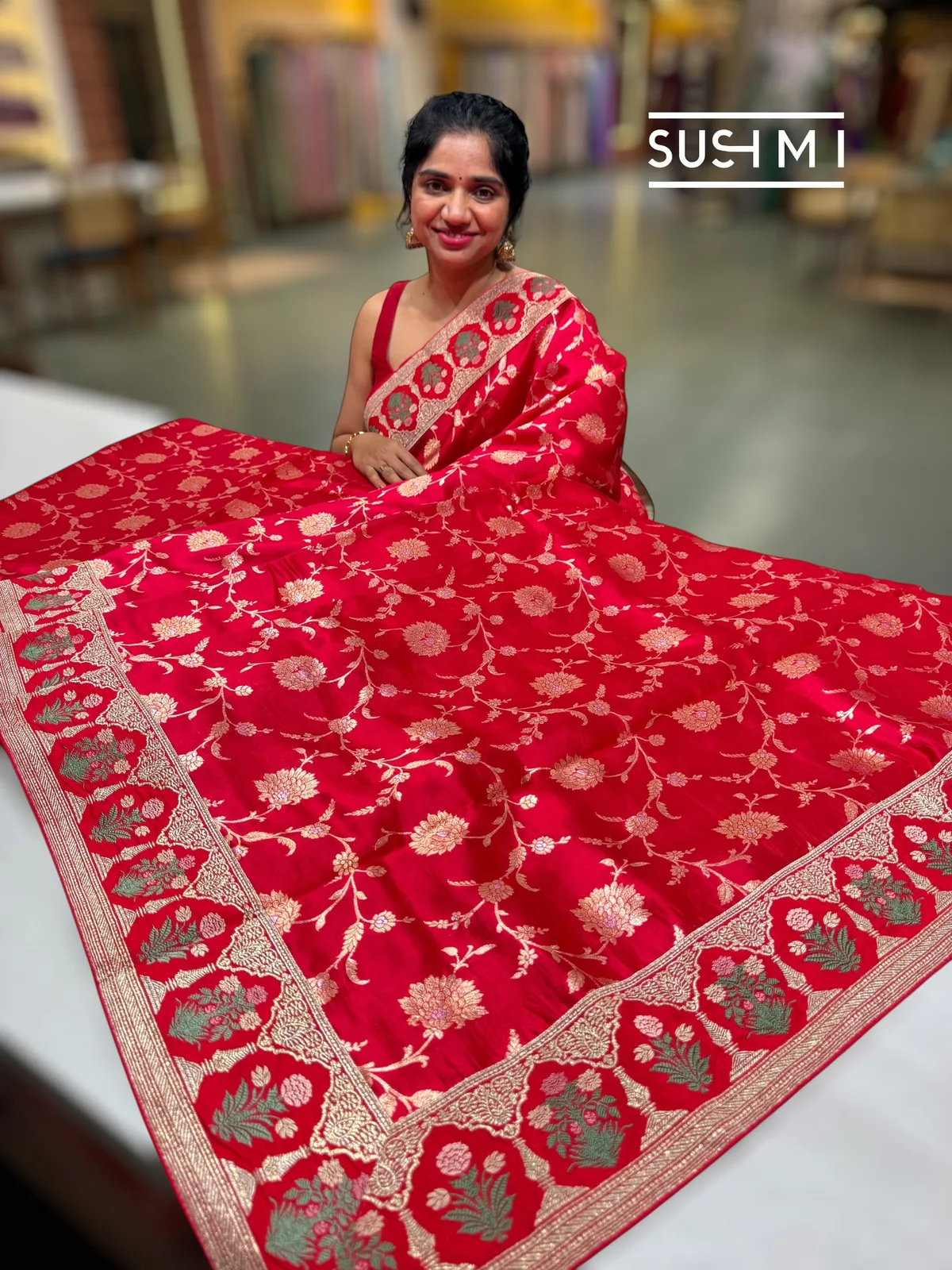 Red Banarasi Silk Saree with sabyasachi borders — Image 3