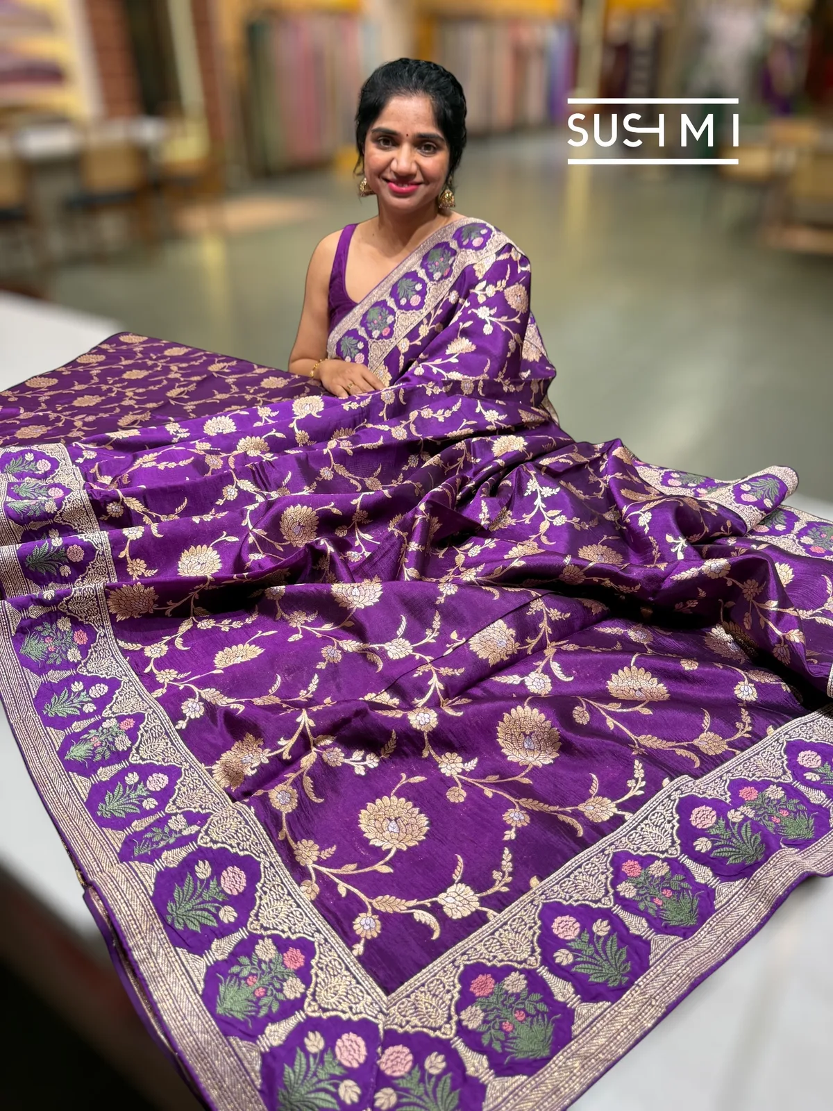 Purple Banarasi Silk Saree with sabyasachi borders