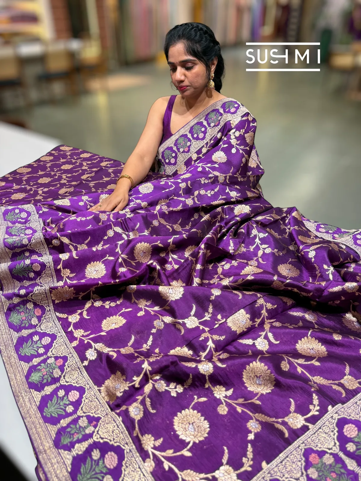 Purple Banarasi Silk Saree with sabyasachi borders — Image 3