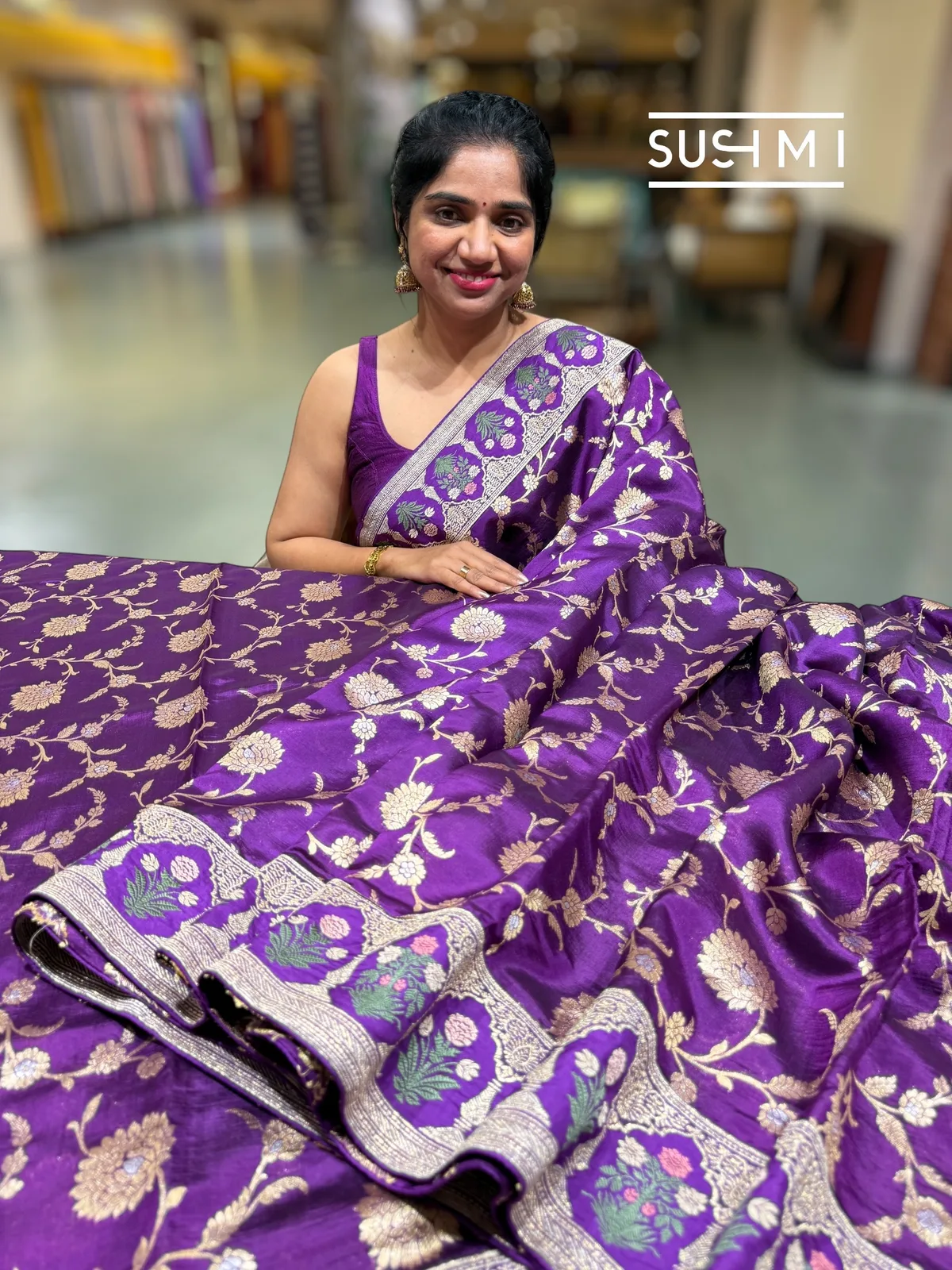 Purple Banarasi Silk Saree with sabyasachi borders — Image 4