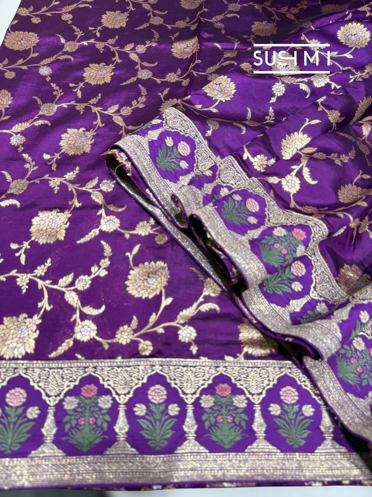 Purple Banarasi Silk Saree with sabyasachi borders — Image 7